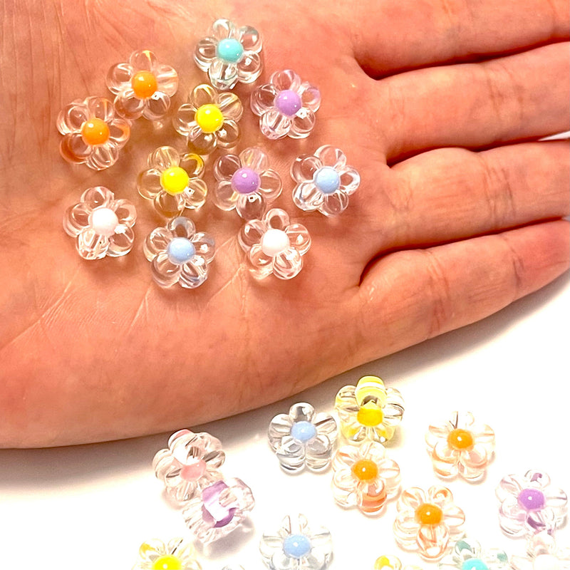 Acrylic Flower Beads, 12mm Inside Dyed Transparent Acrylic Flower Beads, 50 Gr Pack, Approx 95 Beads in a Pack