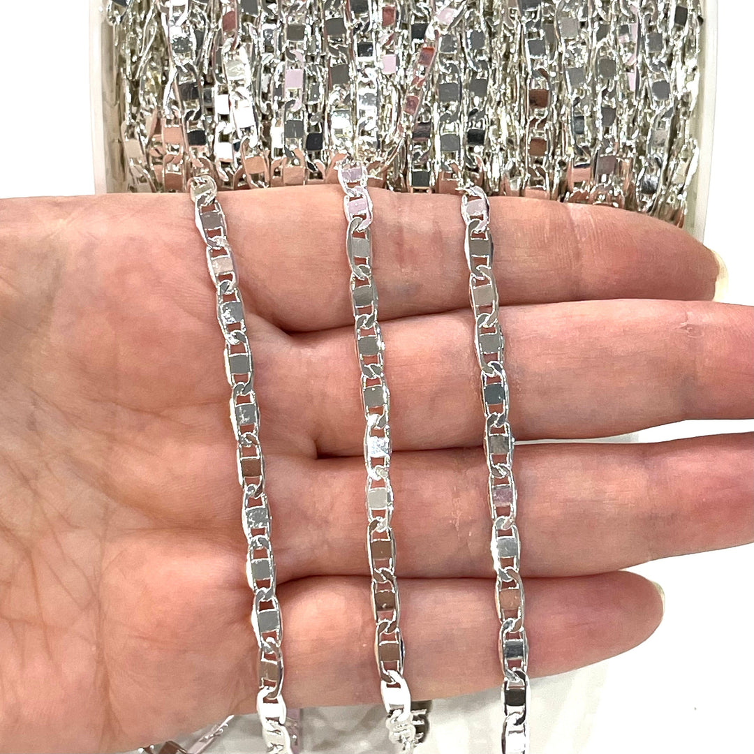Silver Plated Brass 4mm Soldered Flat Mariner Anchor Chain, 3.3 Feet, 1 Meter