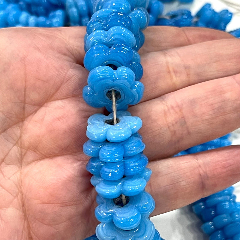 Hand Made Murano Glass Large Hole Blue Flower Beads, 10 Beads in a pack