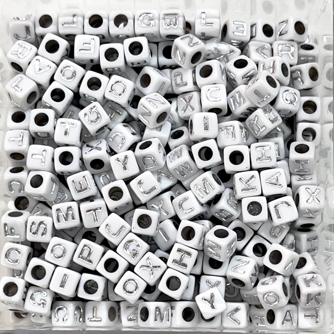 Acrylic cube white with silver letters beads for jewellery making,500 pcs pack