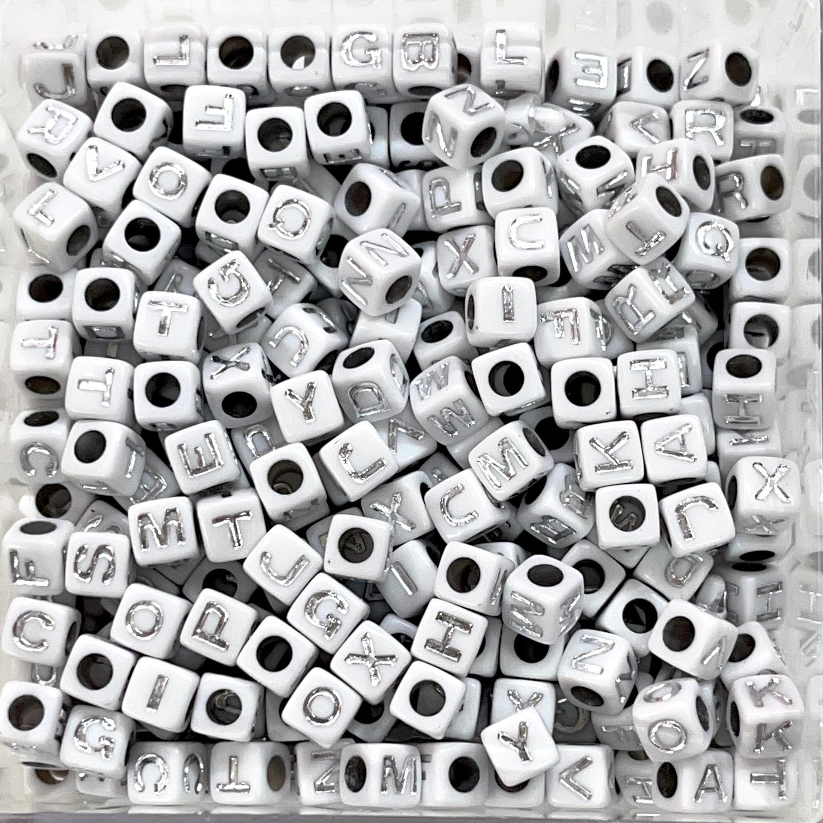 Acrylic cube white with silver letters beads for jewellery making,500 pcs pack