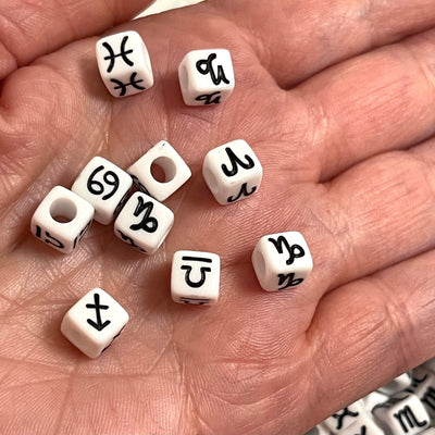 7mm Acrylic Cube White  Beads With Black Horoscope, Zodiac Charms, Assorted 500 pcs in a pack
