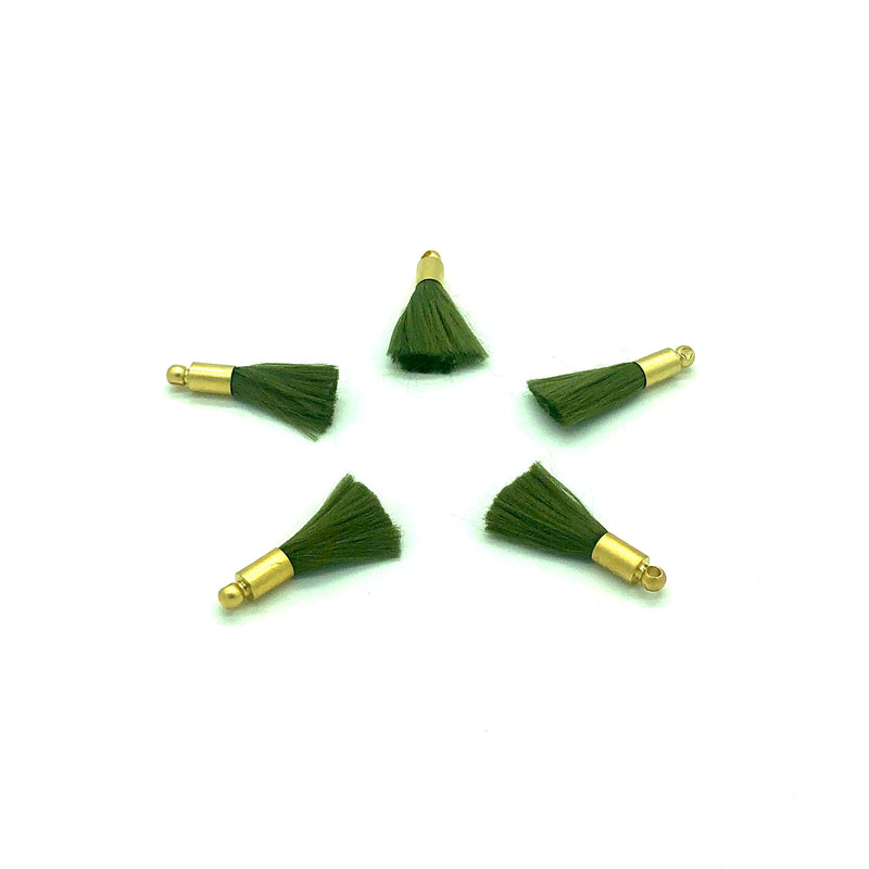 Olivgrüne Mini-Seidenquasten mit 24 Karat vergoldeten Kappen, 5 Quasten in einer Packung