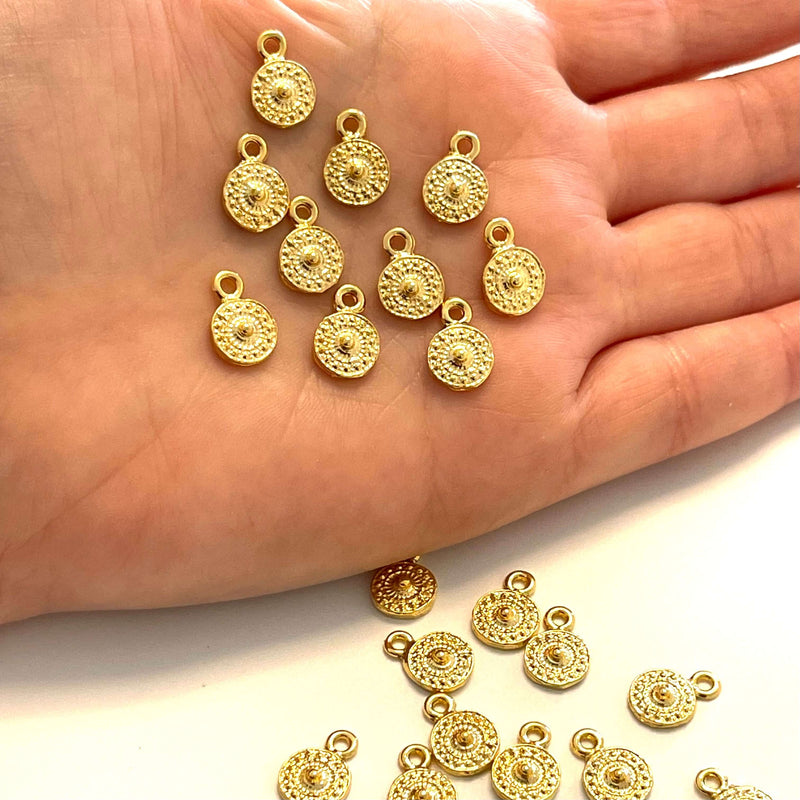 24Kt Shiny Gold Plated Shield Charms, Gold Coin Charms, 10 pcs in a pack