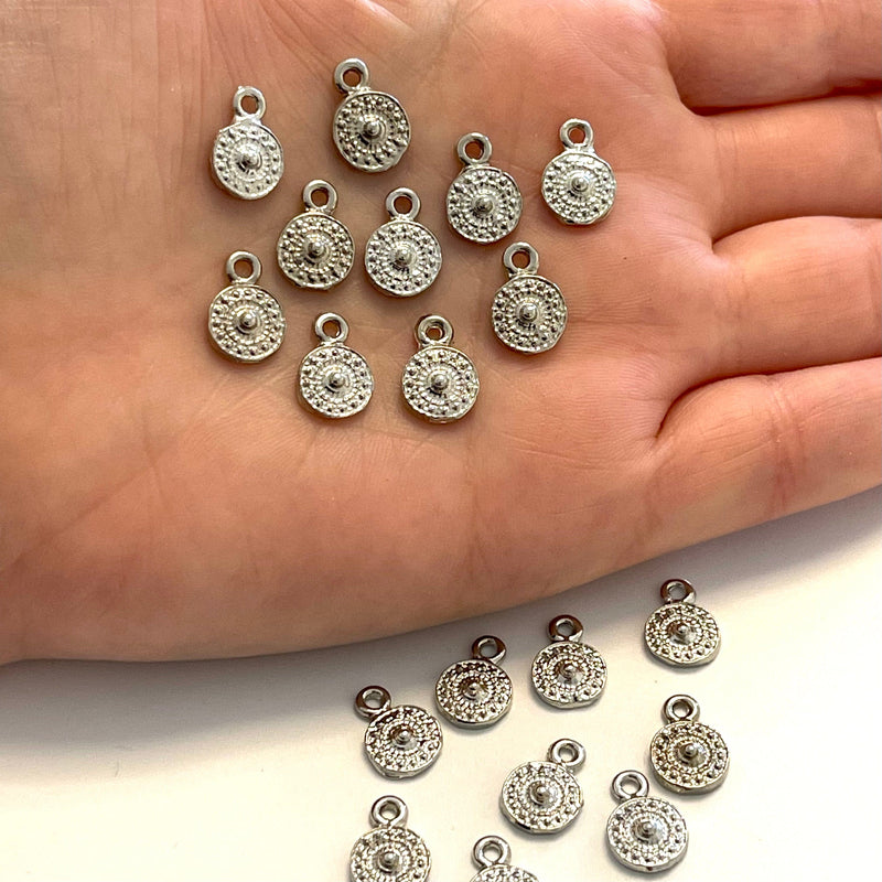 Rhodinierte Schild-Charms, Rhodium-Münzen-Charms, 10 Stück in einer Packung