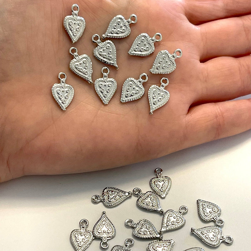 Tiny Heart Rhodium Plated Charms, Tiny Heart Pendants, 5 pieces in pac