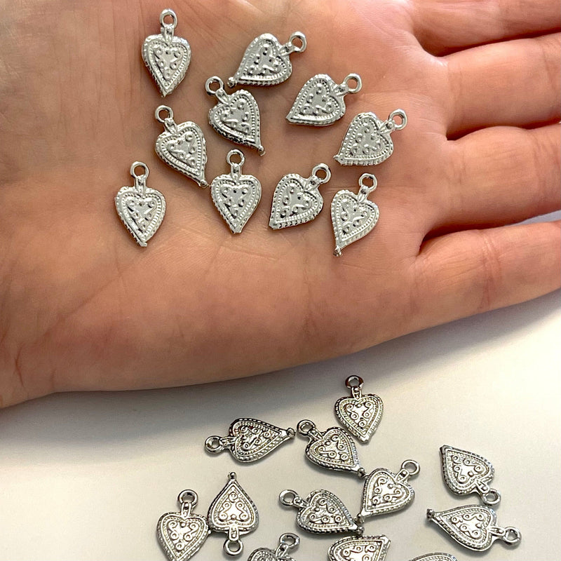 Charmes plaqués rhodium Tiny Heart, pendentifs Tiny Heart, 5 pièces en pac