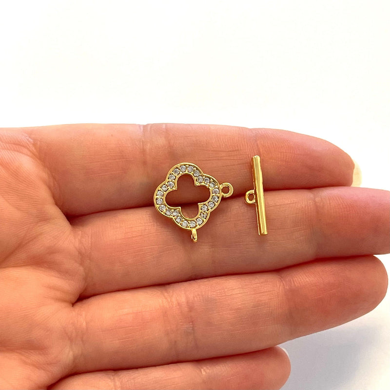 Fermoir à bascule en or CZ Micropave, fermoir à bascule en laiton plaqué or 24Kt CZ Micropave avec deuxième boucle ouverte