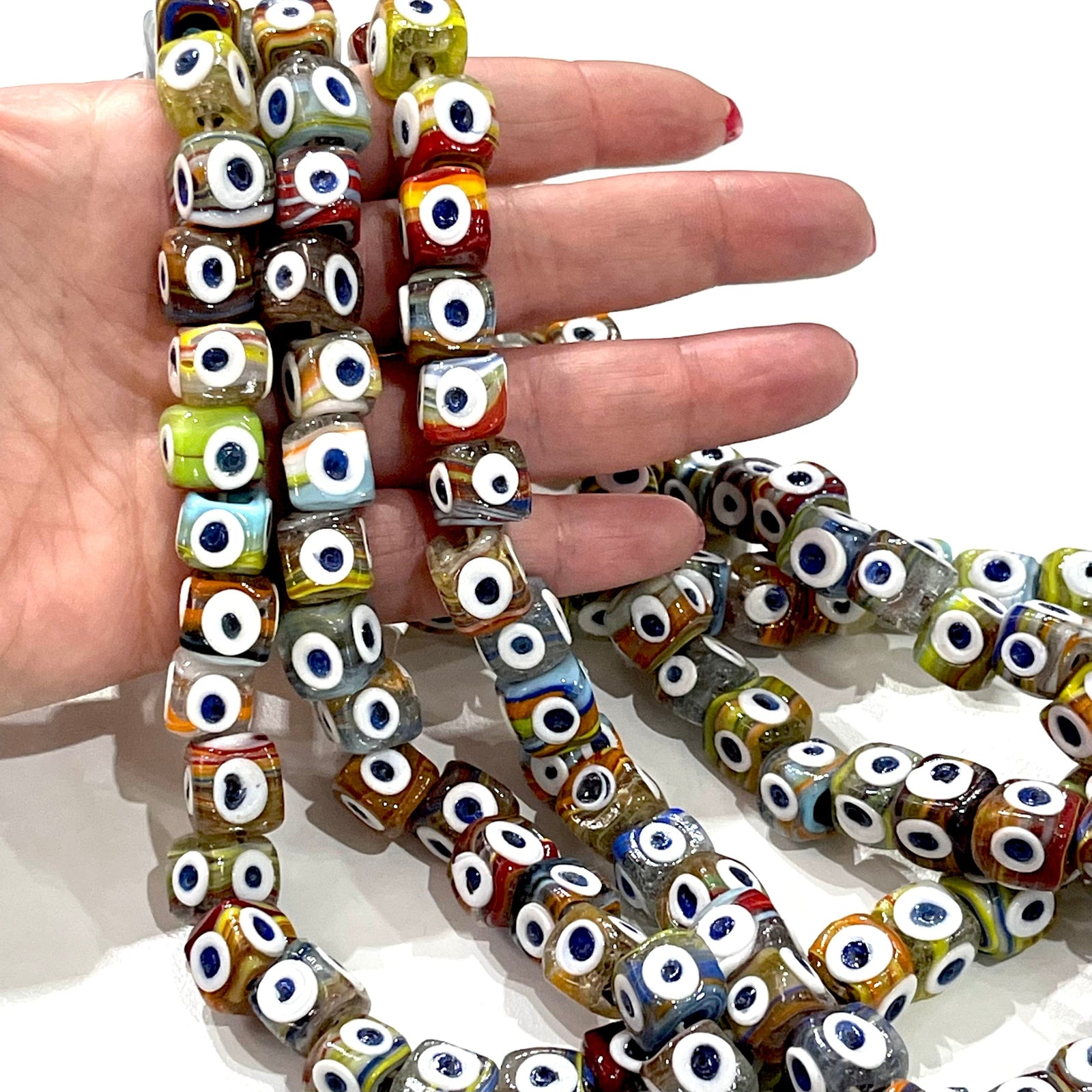 Traditional Turkish Artisan Handmade Cube Four Sided Evil Eye Glass Beads, Large Hole Glass Beads, 5 Beads in a pack