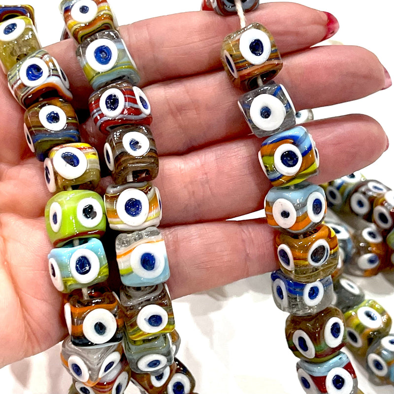 Traditional Turkish Artisan Handmade Cube Four Sided Evil Eye Glass Beads, Large Hole Glass Beads, 5 Beads in a pack