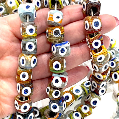 Traditional Turkish Artisan Handmade Cube Four Sided Evil Eye Glass Beads, Large Hole Glass Beads, 5 Beads in a pack