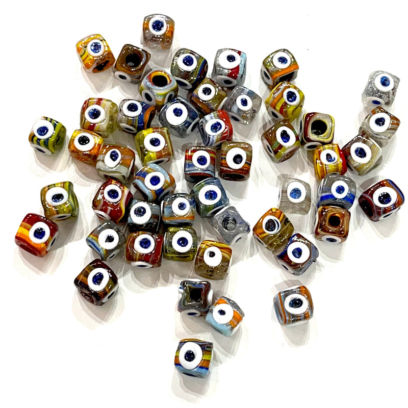 Traditional Turkish Artisan Handmade Cube Four Sided Evil Eye Glass Beads, Large Hole Glass Beads, 5 Beads in a pack