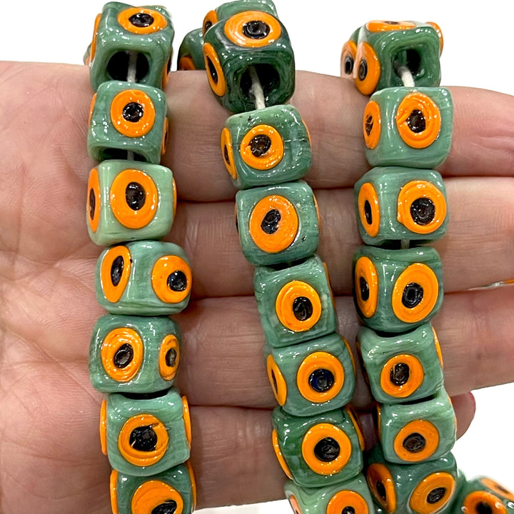 Traditional Turkish Artisan Handmade Cube Four Sided Evil Eye Glass Beads, Large Hole Glass Beads, 5 Beads in a pack