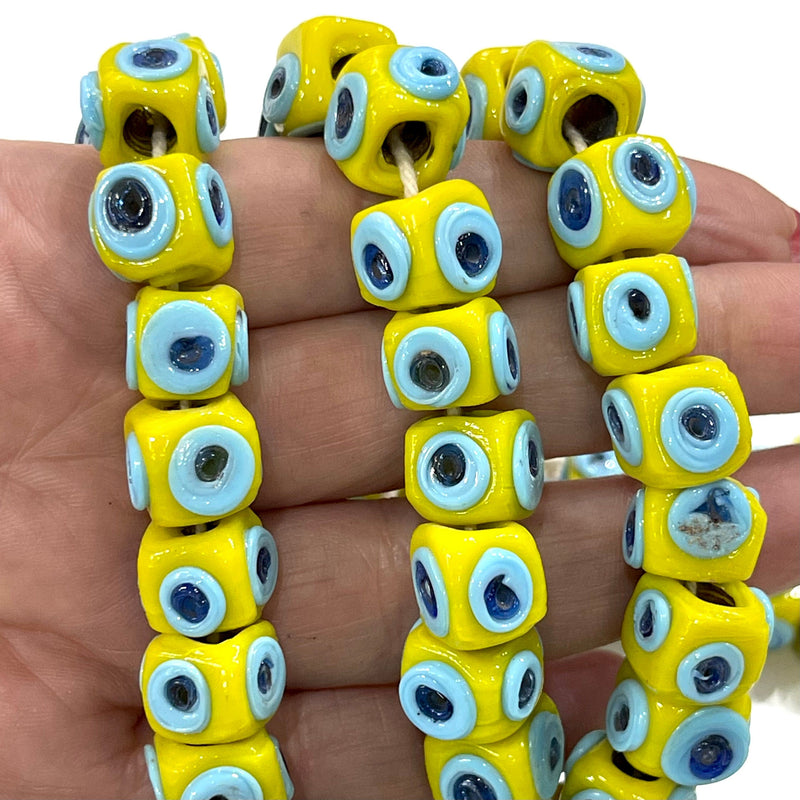 Traditional Turkish Artisan Handmade Cube Four Sided Evil Eye Glass Beads, Large Hole Glass Beads, 5 Beads in a pack