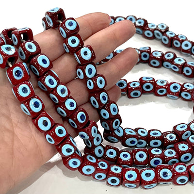 Traditional Turkish Artisan Handmade Cube Four Sided Evil Eye Glass Beads, Large Hole Glass Beads, 5 Beads in a pack