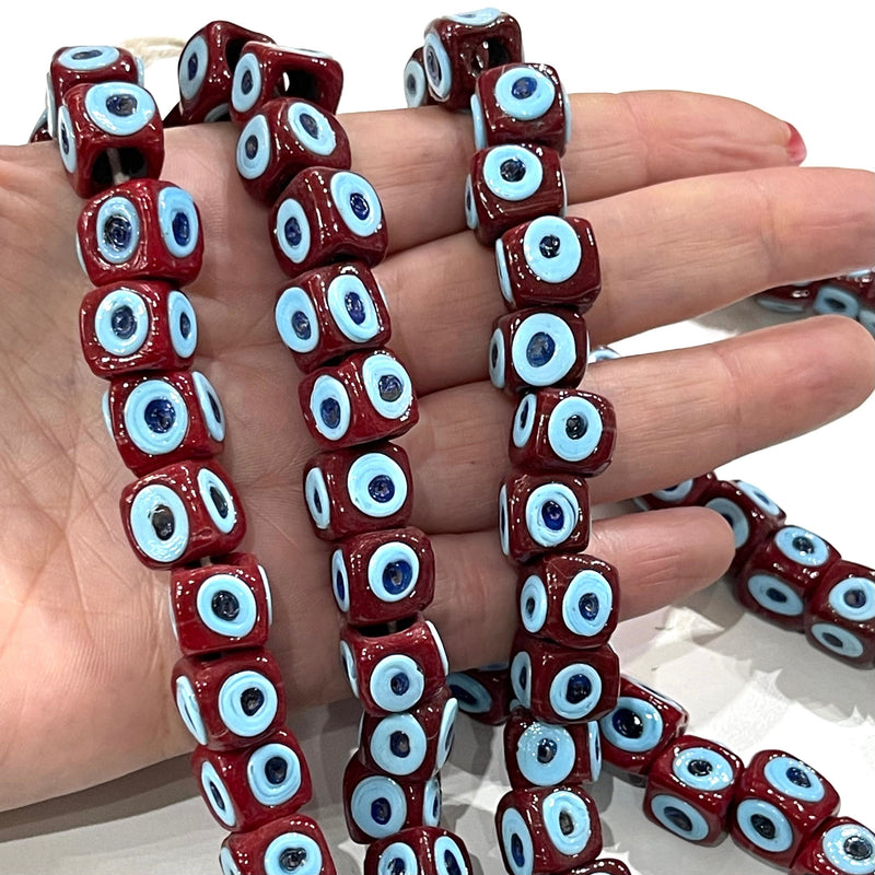 Traditional Turkish Artisan Handmade Cube Four Sided Evil Eye Glass Beads, Large Hole Glass Beads, 5 Beads in a pack