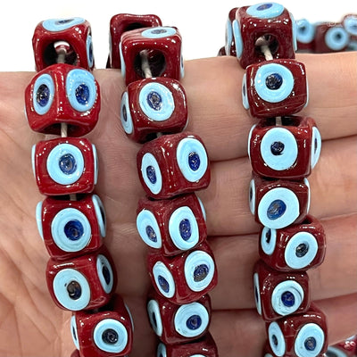 Traditional Turkish Artisan Handmade Cube Four Sided Evil Eye Glass Beads, Large Hole Glass Beads, 5 Beads in a pack