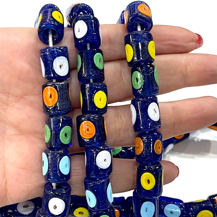 Traditional Turkish Artisan Handmade Chunky Cylinder Colorful Multicolored Glass Beads, Large Hole Glass Beads, 10 Beads in a pack