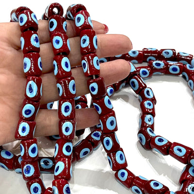 Traditional Turkish Artisan Handmade Chunky Cylinder Red Glass Beads, Large Hole Glass Beads, 5 Beads in a pack