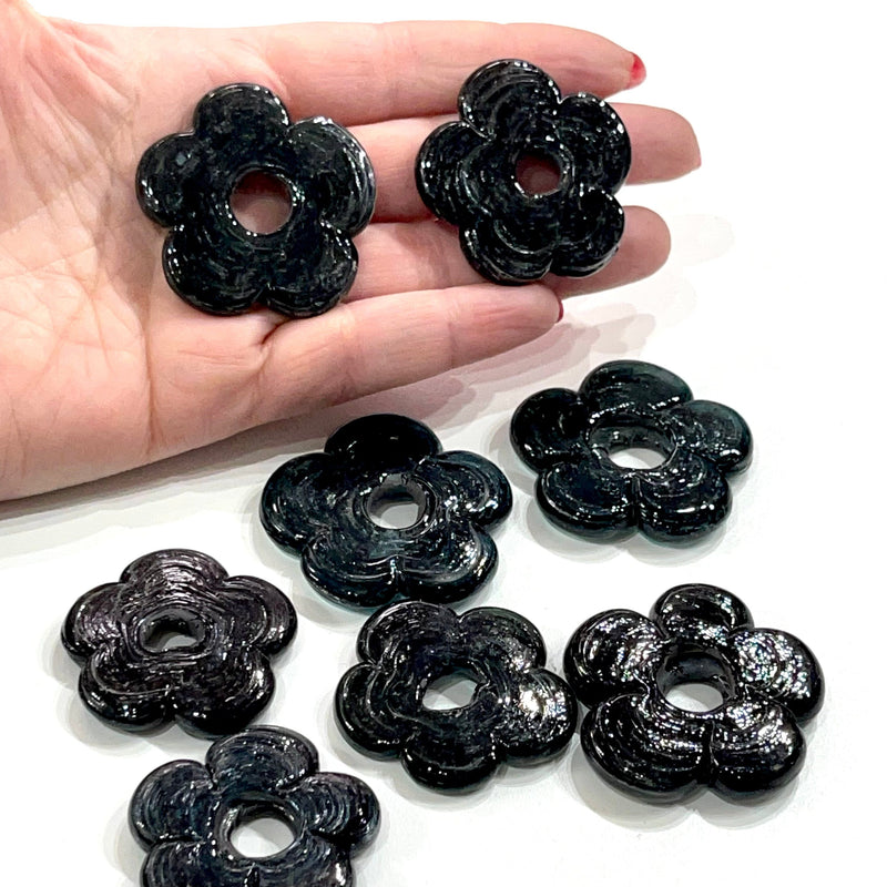 Artisan Handmade Chunky Tp. Black Glass Flower Beads, Size Between 35 - 40mm, 5 pcs in a pack
