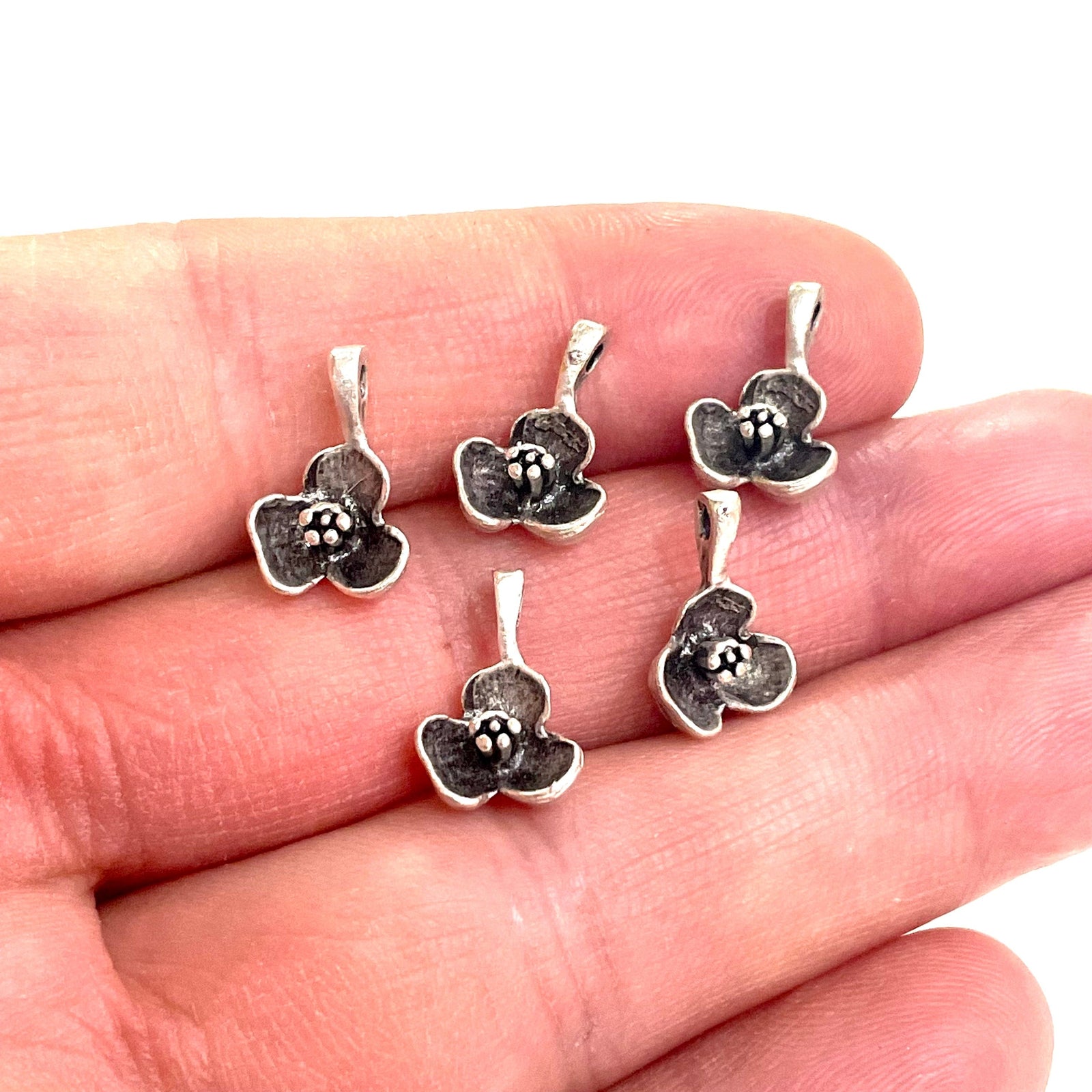 Antique Silver Plated 14mm Brass Flower Charms, 5 pcs in a pack