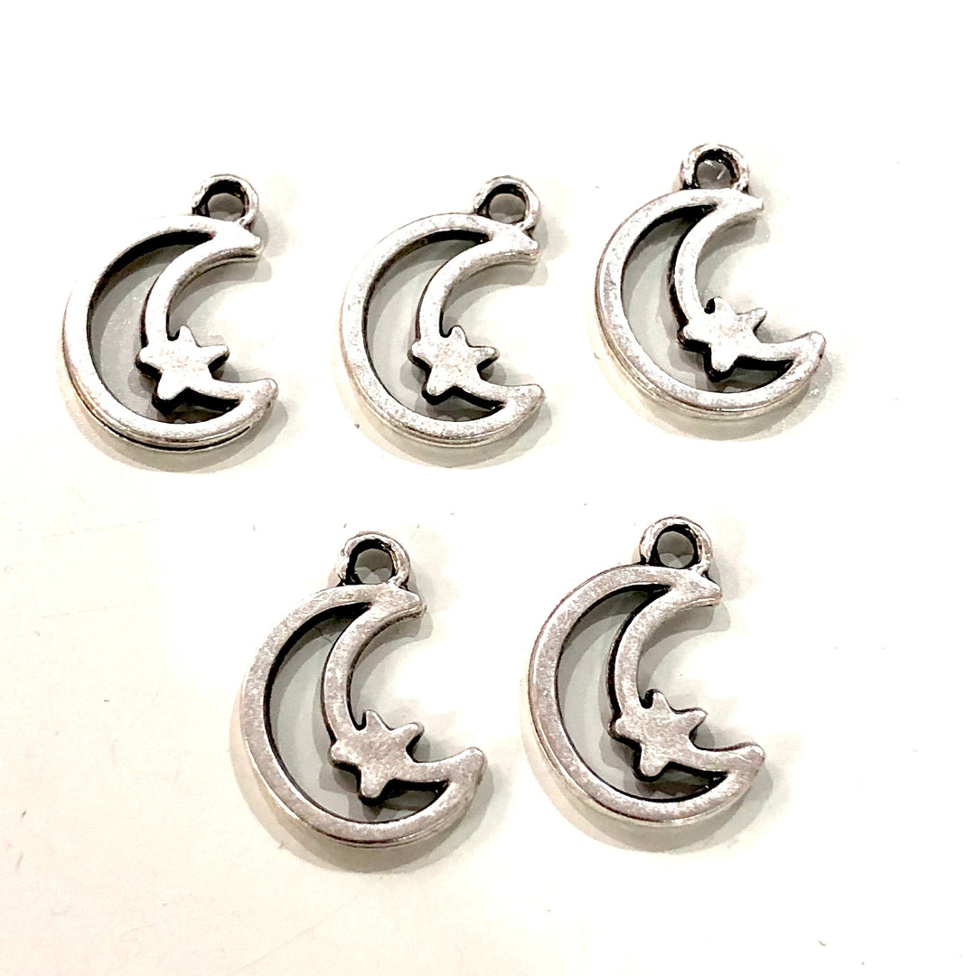Antique Silver Plated Crescent Moon&amp;Star Charms, Silver Plated Crescent Moon and Star Charms, 10 pcs in a pack