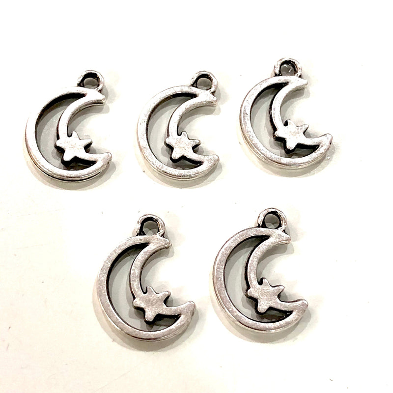Antique Silver Plated Crescent Moon&Star Charms, Silver Plated Crescent Moon and Star Charms, 10 pcs in a pack