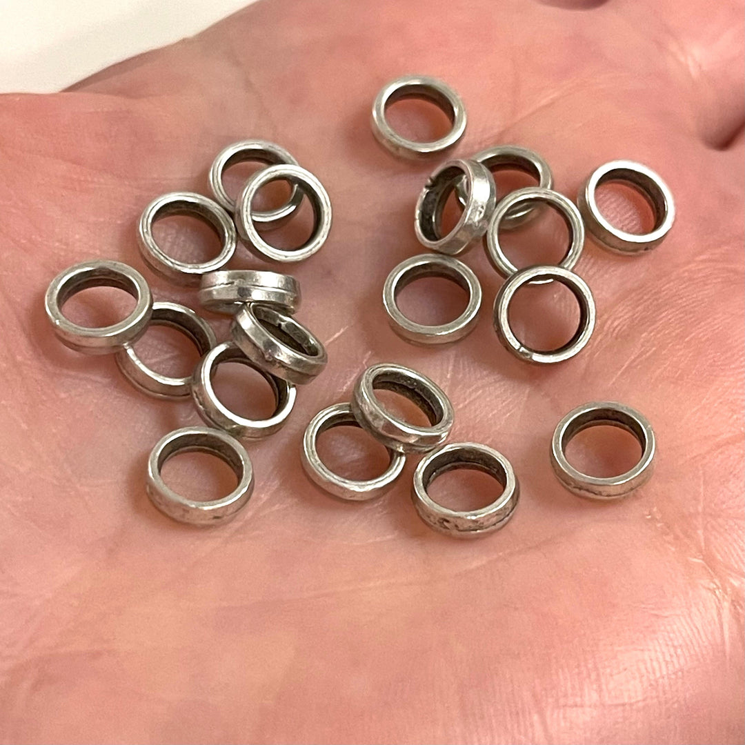 Antique Silver Plated Large Hole Brass Spacer Rings, Silver Plated 7mm Brass Charms, 10 Pcs in a Pack