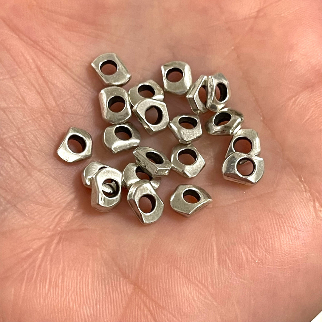 Antique Silver Plated Large Hole Brass Spacers, Silver Plated 7mm Brass Charms, 10 Pcs in a Pack
