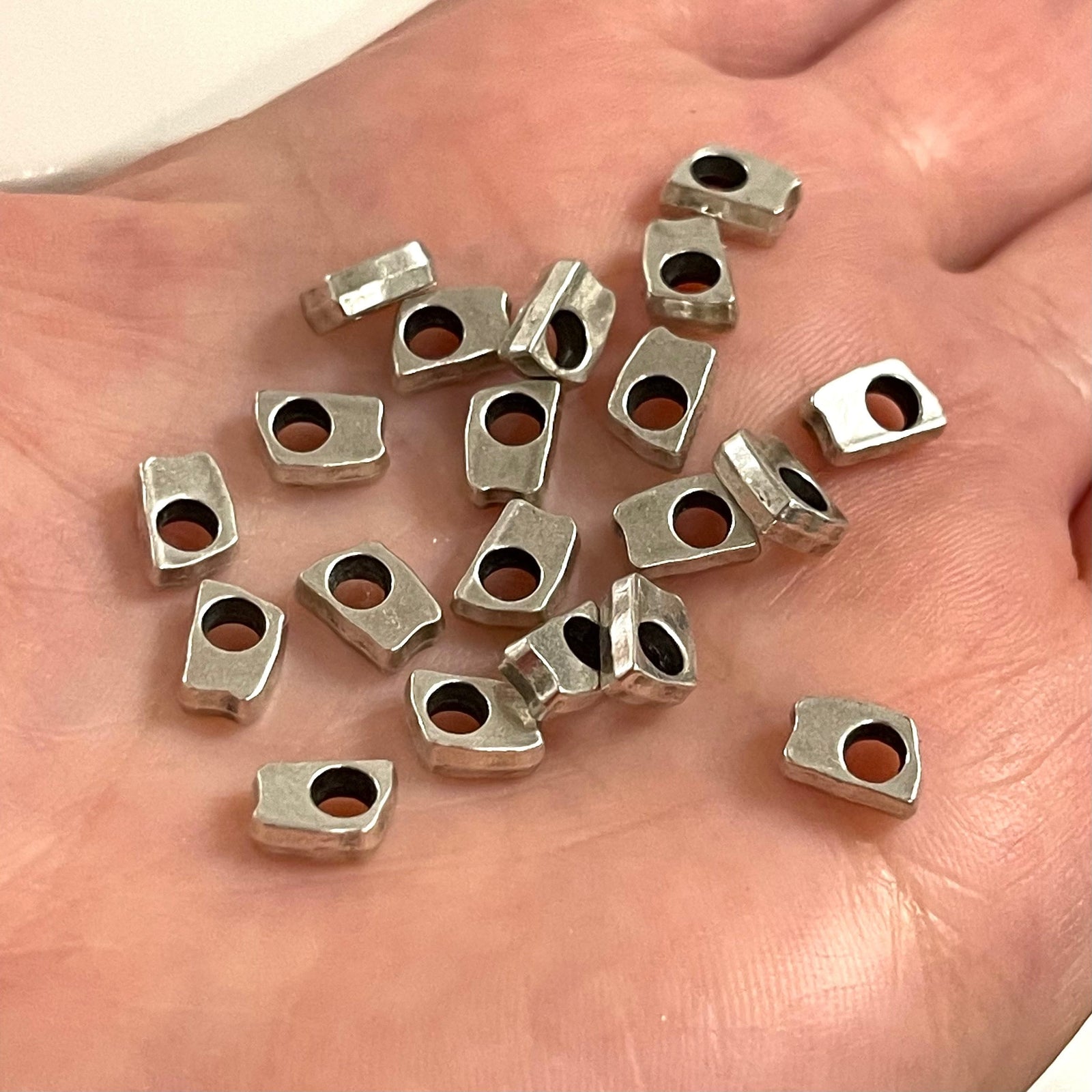 Antique Silver Plated Large Hole Brass Spacers, Silver Plated 7mm Brass Charms, 10 Pcs in a Pack
