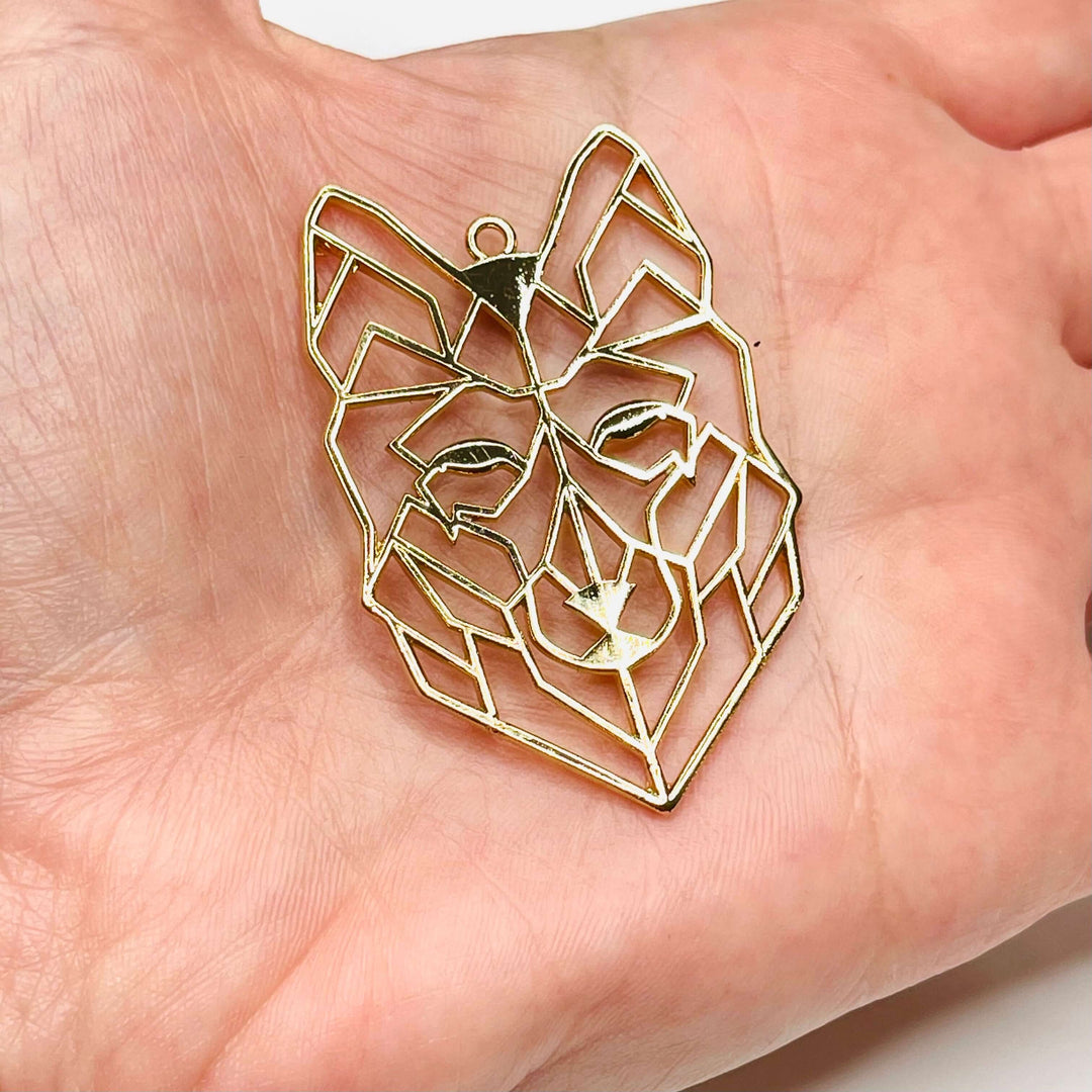 24Kt Shiny Gold Plated Brass Origami Wolf Pendant, Wolf Necklace Charms,