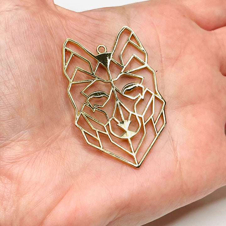 24Kt Shiny Gold Plated Brass Origami Wolf Pendant, Wolf Necklace Charms,