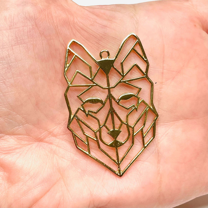 24Kt Shiny Gold Plated Brass Origami Wolf Pendant, Wolf Necklace Charms,