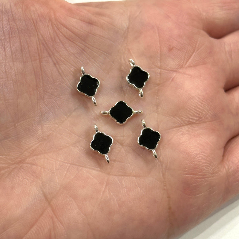 Silver Plated Black Enamelled Clover Connector Charms,