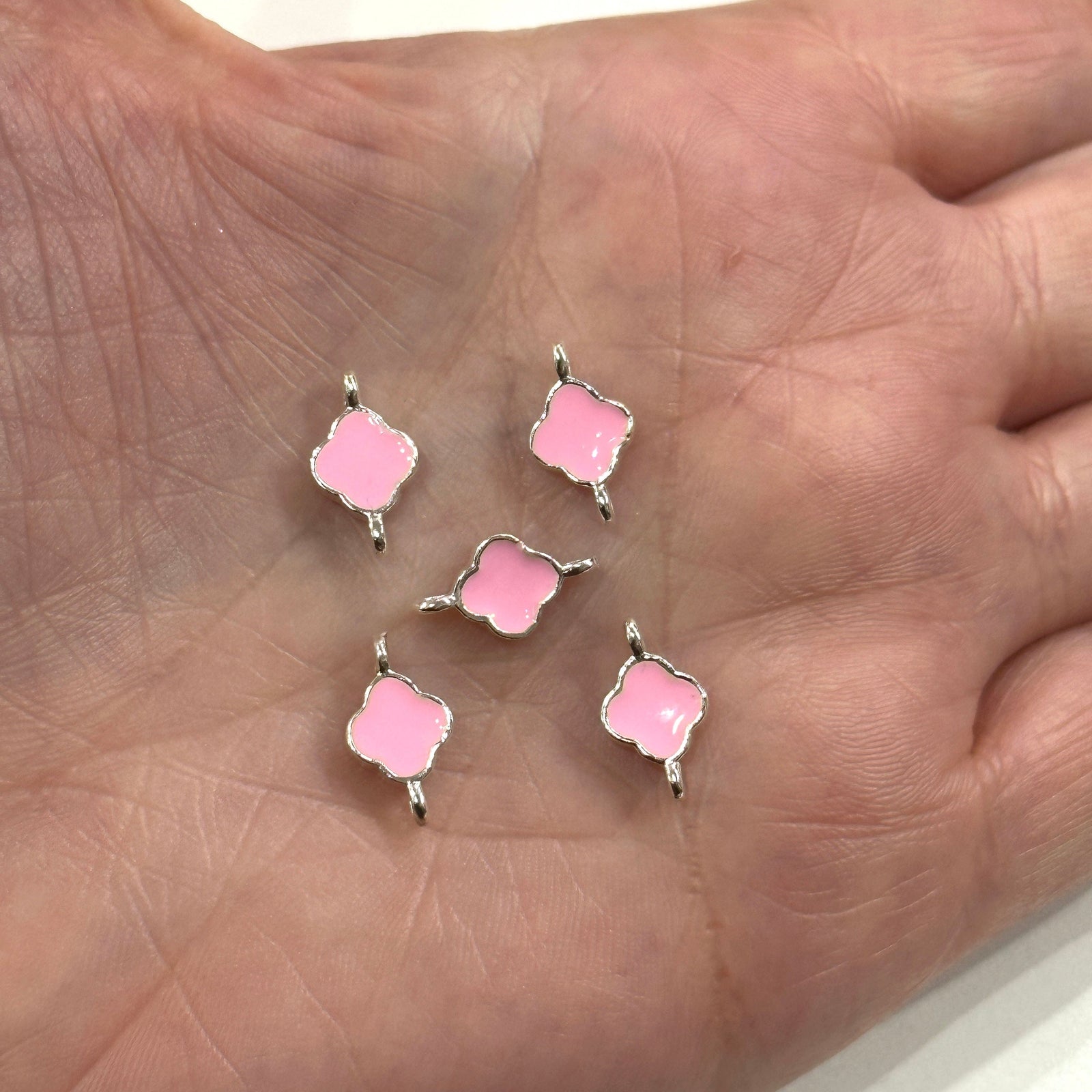 Silver Plated Pink Enamelled Clover Connector Charms,