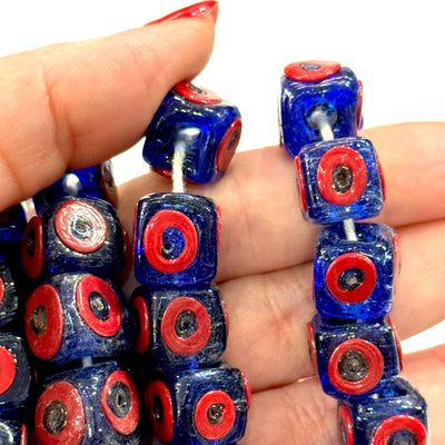 Traditional Turkish Artisan Handmade Cube Four Sided Evil Eye Glass Beads, Large Hole Glass Beads, 5 Beads in a pack