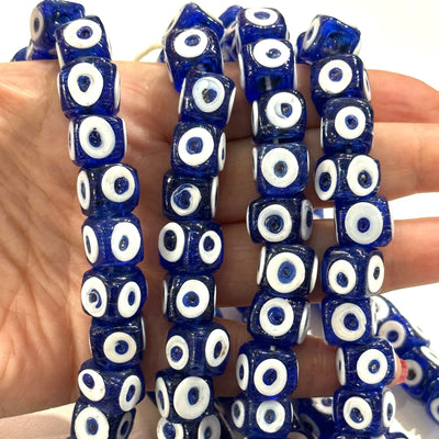 Traditional Turkish Artisan Handmade Cube Four Sided Evil Eye Glass Beads, Large Hole Glass Beads, 5 Beads in a pack