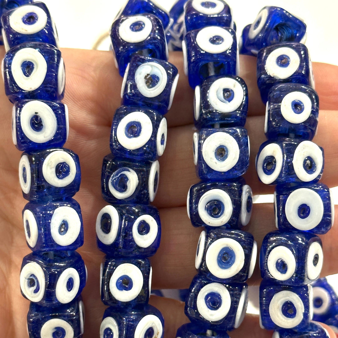 Traditional Turkish Artisan Handmade Cube Four Sided Evil Eye Glass Beads, Large Hole Glass Beads, 5 Beads in a pack