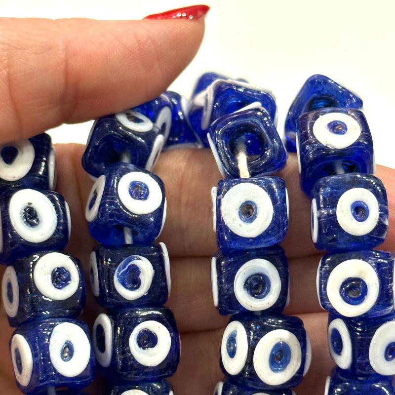 Traditional Turkish Artisan Handmade Cube Four Sided Evil Eye Glass Beads, Large Hole Glass Beads, 5 Beads in a pack