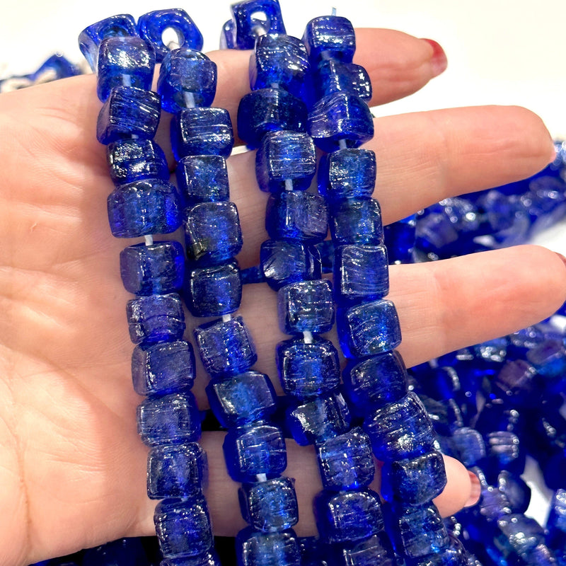 Hand Made Glass Cube Beads, Large Hole Traditional Lampwork Glass Beads, 50 Beads-NAVY
