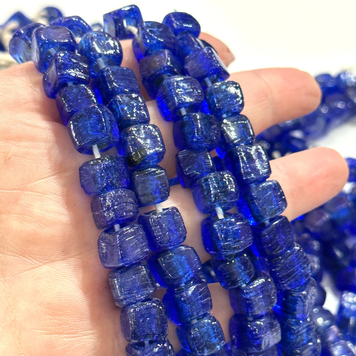 Hand Made Glass Cube Beads, Large Hole Traditional Lampwork Glass Beads, 50 Beads-NAVY