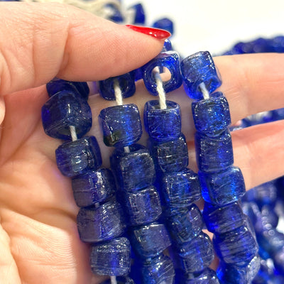 Hand Made Glass Cube Beads, Large Hole Traditional Lampwork Glass Beads, 10 Beads-NAVY