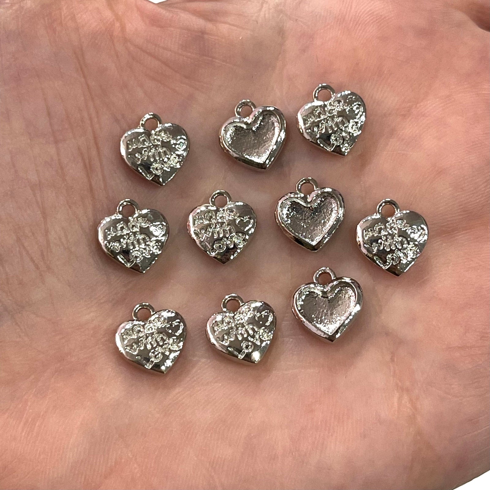 Made With Love Heart Charms, Rhodium Plated 10mm Made With Love Heart Charms, 10 pcs in a pack