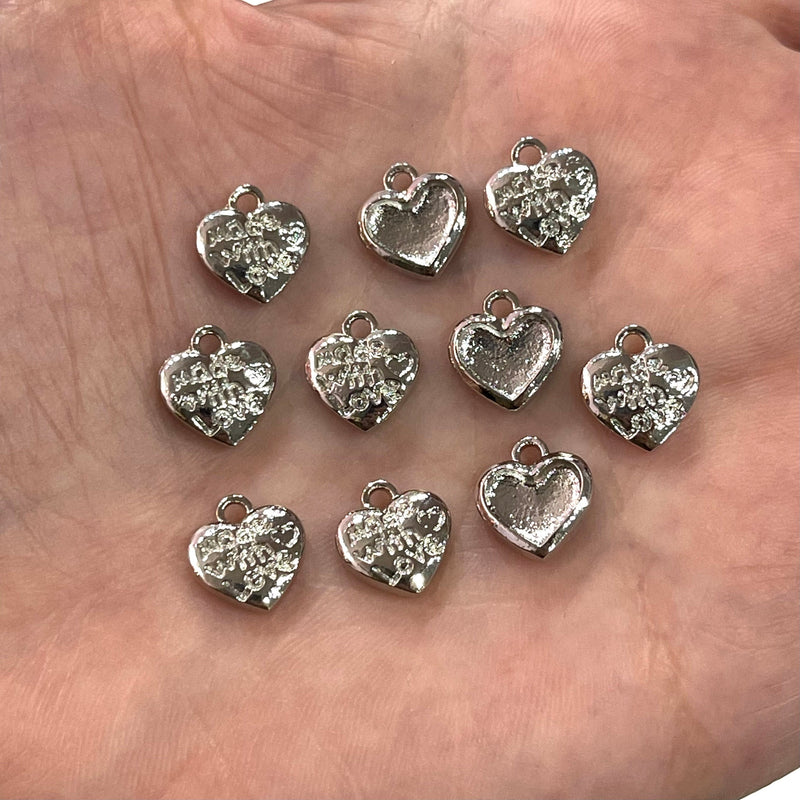 Made With Love Heart Charms, Plaqué Rhodium 10mm Made With Love Heart Charms, 10 pcs dans un pack