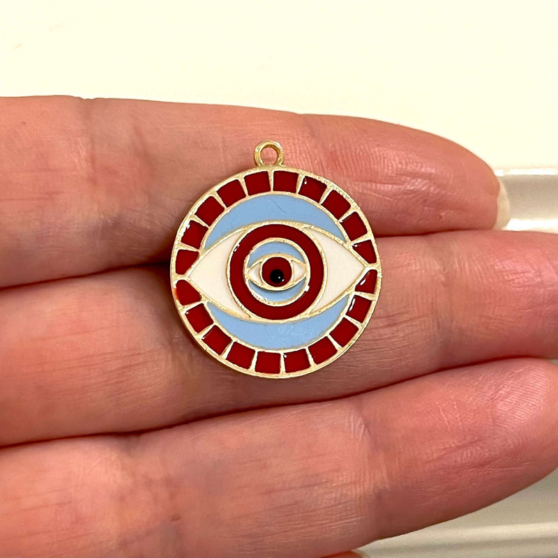 Pendentif Mauvais Œil en Laiton Émaillé Rouge Plaqué Or 24Kt