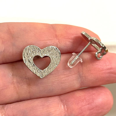 Rhodium Plated Brass Heart Stud Earrings, 2 pcs in a pack,