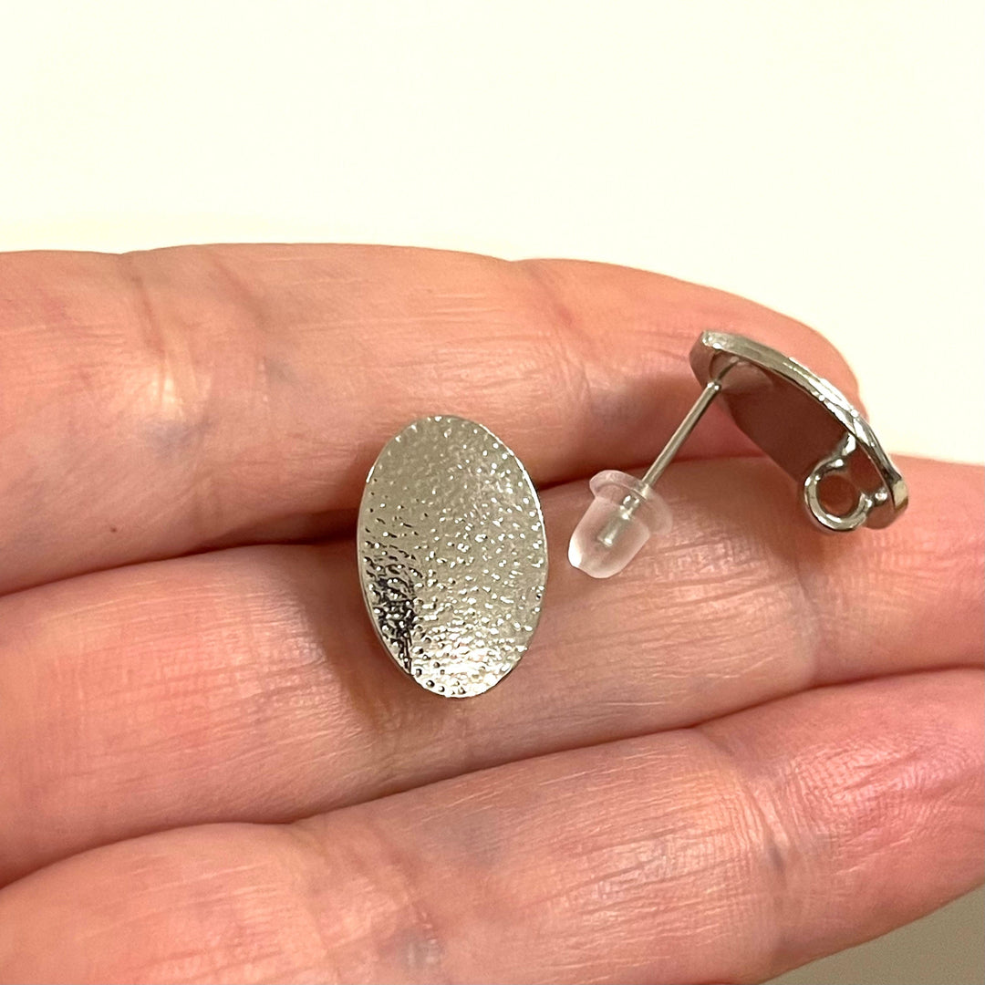 Rhodium Plated Brass Oval Stud Earrings, 2 pcs in a pack,