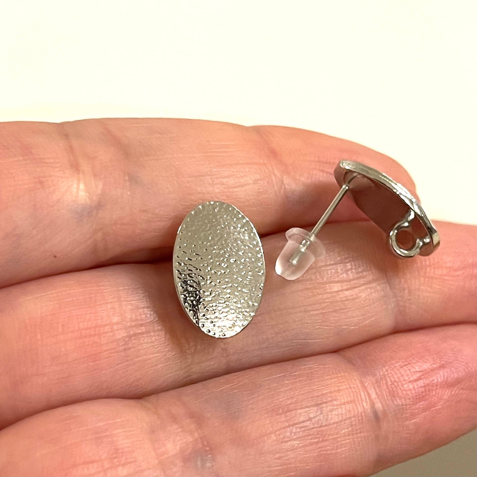Rhodium Plated Brass Oval Stud Earrings, 2 pcs in a pack,
