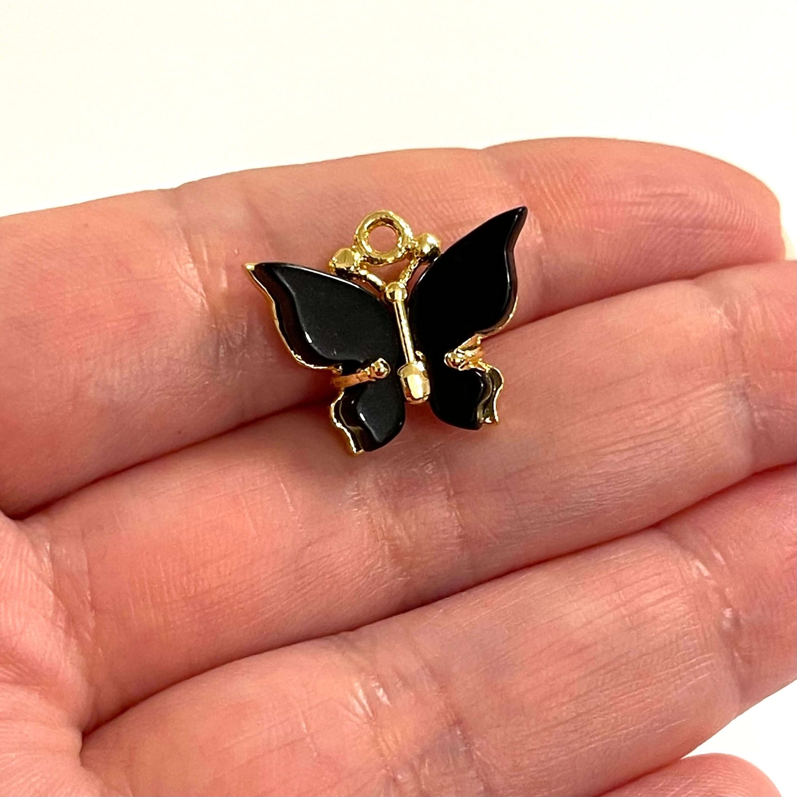 24Kt Gold Plated Brass Hand Made Black Resin Butterfly Charms, 20x16mm