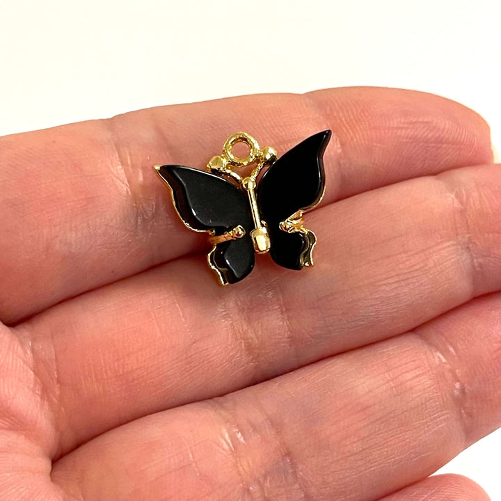 24Kt Gold Plated Brass Hand Made Black Resin Butterfly Charms, 20x16mm